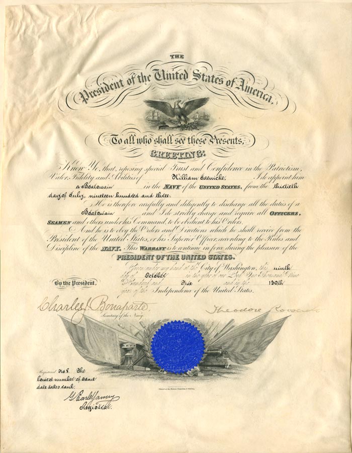 Naval Appointment signed by Theordore Roosevelt